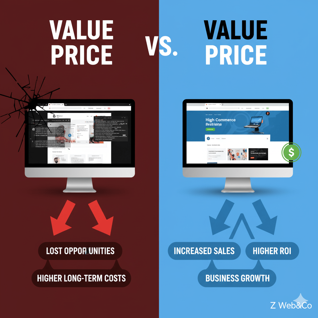 Infographic comparing 'Value Price' leading to lost opportunities and higher long-term costs (broken website) versus 'Value Price' leading to increased sales, higher ROI, and business growth (high-performing website).