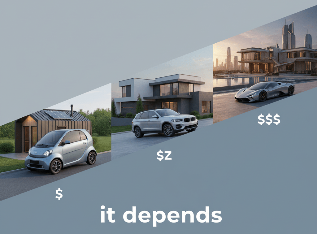 Illustration comparing the varying costs of a small car, mid-range SUV, and luxury sports car with accompanying houses, signifying 'it depends' on website cost.