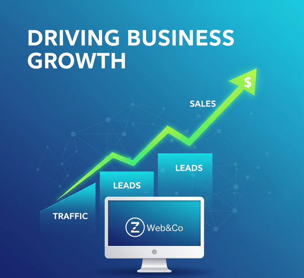 Infographic showing a website driving business growth through increased traffic, leads, and sales, with an upward trending arrow for Z Web&Co.