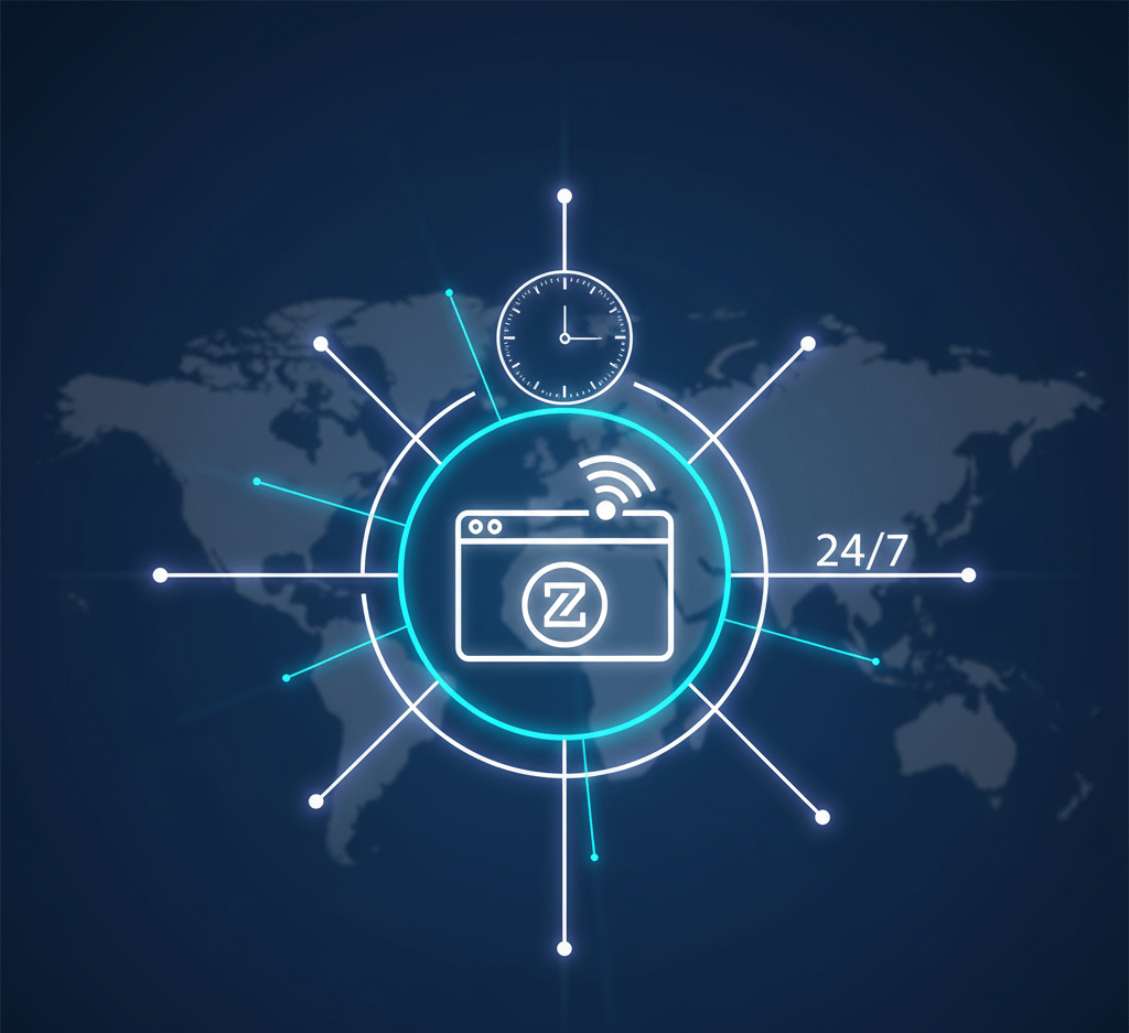 Graphic illustrating a small business website's global reach and 24/7 accessibility, with radiating lines and a clock icon over a world map.