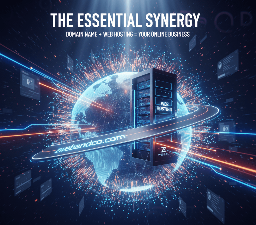 A conceptual graphic titled "THE ESSENTIAL SYNERGY: DOMAIN NAME + WEB HOSTING = YOUR ONLINE BUSINESS," overlaid on a glowing server and global network.