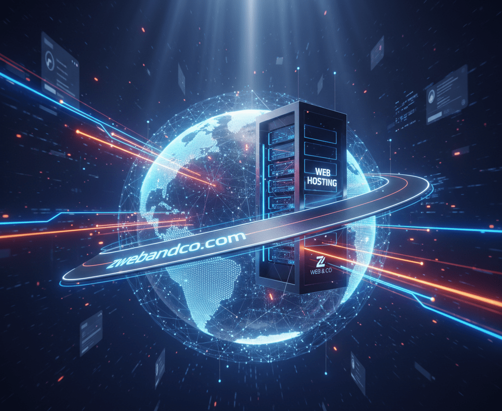 An abstract, digital illustration showing a web hosting server and the domain name "zwebandco.com" encircled by a glowing global network.z web and co servers, Z Web&Co