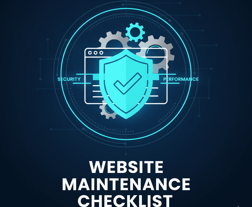 A modern graphic featuring a digital security shield and gears, representing a comprehensive website maintenance checklist and continuous protection.