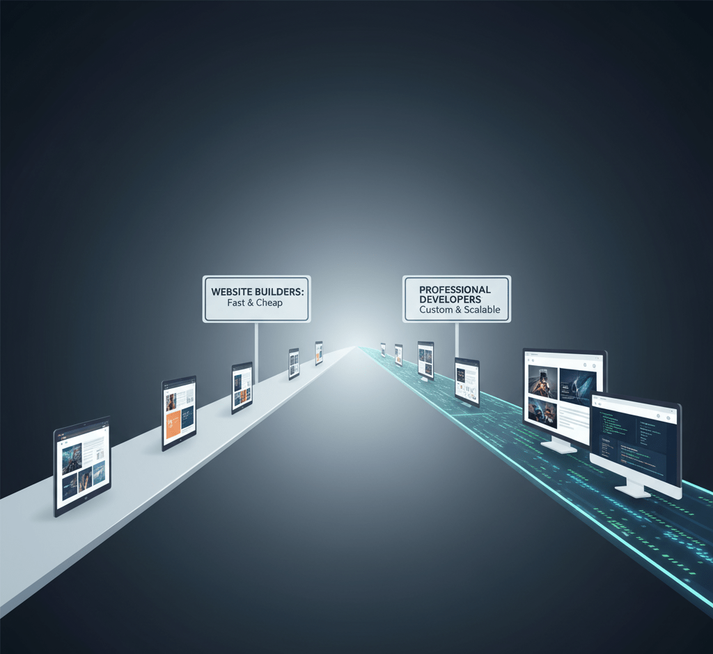 Illustration of two paths representing website builders (fast and cheap) versus professional developers (custom and scalable), showing the choice for business website creation.