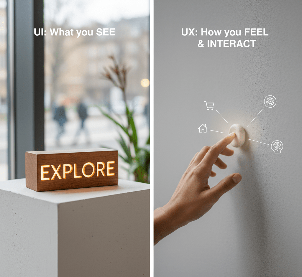 Split image showing UI (what you see) with an illuminated 'EXPLORE' button on the left, and UX (how you feel & interact) with a hand touching a glowing button connected to icons representing home, cart, settings, and brain on the right. Below, the 'Z Web&Co' logo is visible