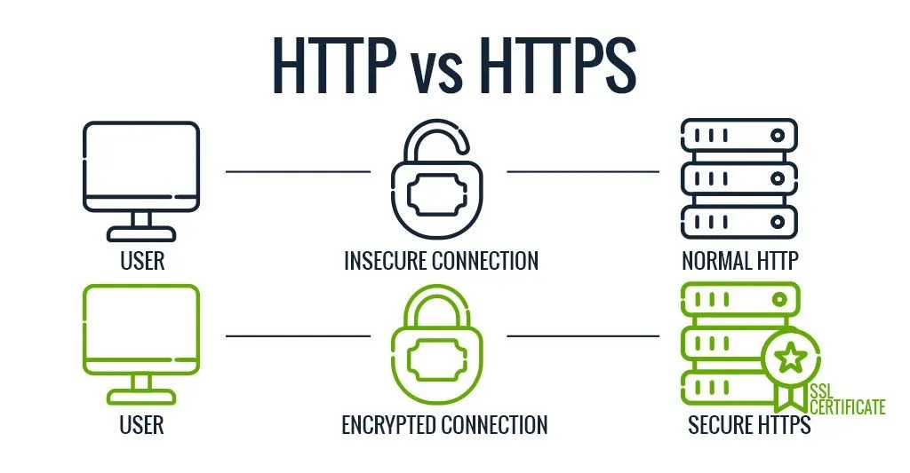 Graphic showing secure data transmission paths, highlighting the crucial role of HTTPS and SSL in Website security best practices.