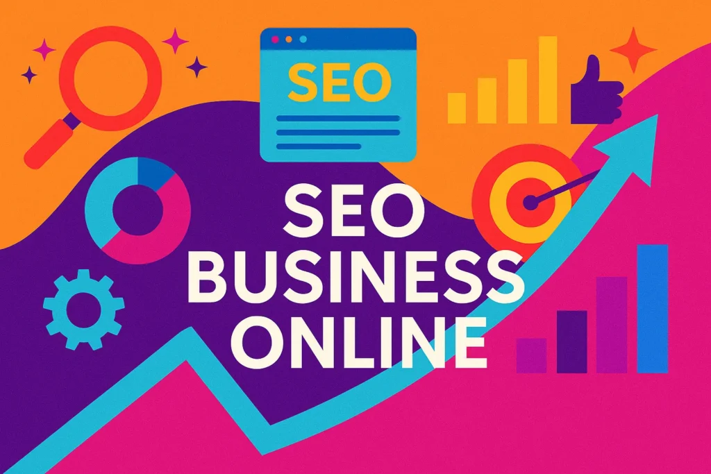 Digital graphic representing SEO performance, with a magnifying glass over a search bar and a rising graph.