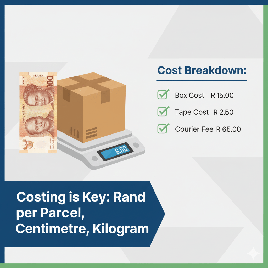 Graphic showing a Rand note next to a parcel on a scale, highlighting cost components (Rand, Centimetre, Kilogram) crucial for E-commerce Shipping and Logistics.