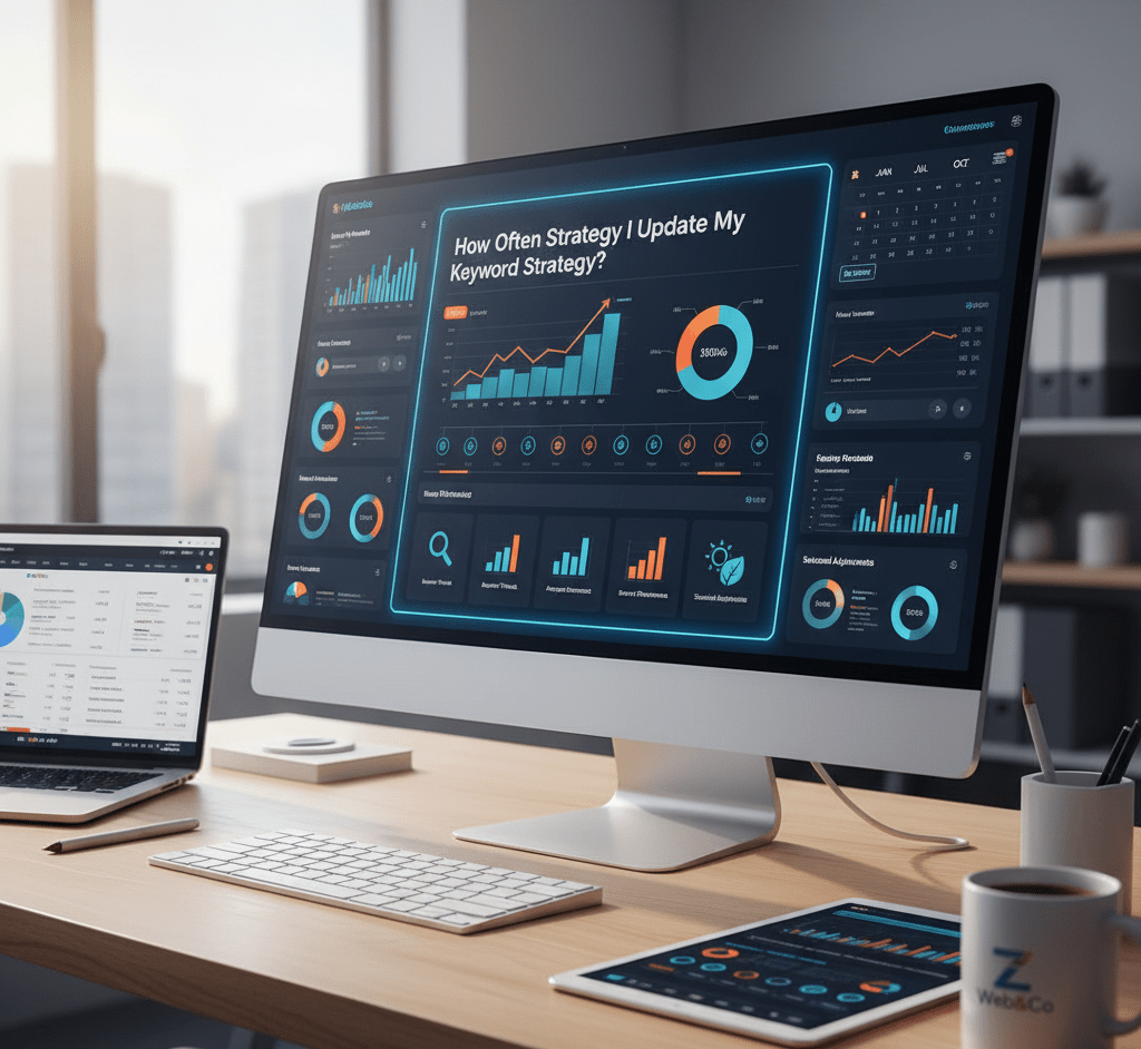 A clean office desk setup with a laptop, tablet, and large monitor, all displaying a keyword strategy dashboard with graphs, charts, and a prominent question "How Often Should I Update My Keyword Strategy?" emphasizing regular SEO review.