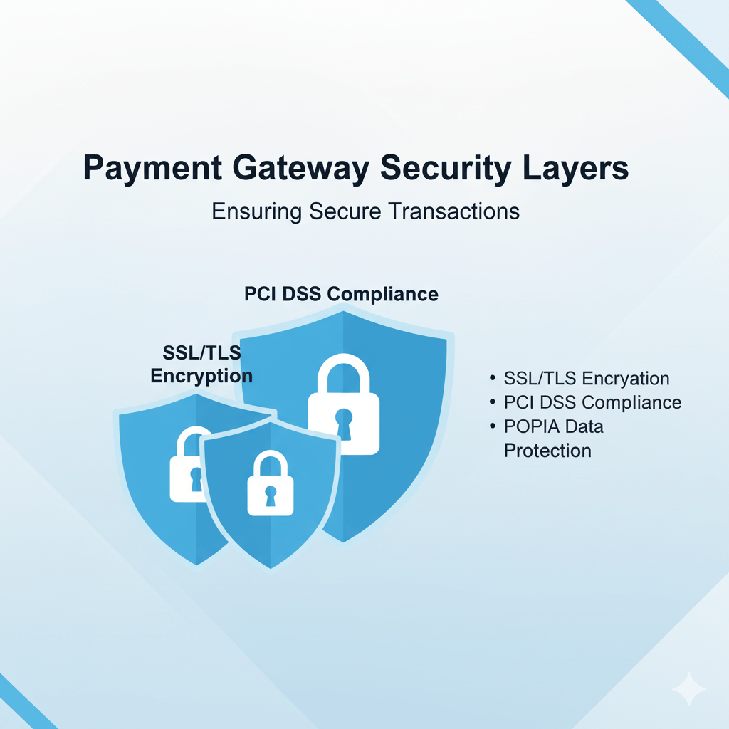 Graphic showing SSL padlock, PCI DSS logo, and POPIA text, representing layers of digital security for setting up payment gateways.