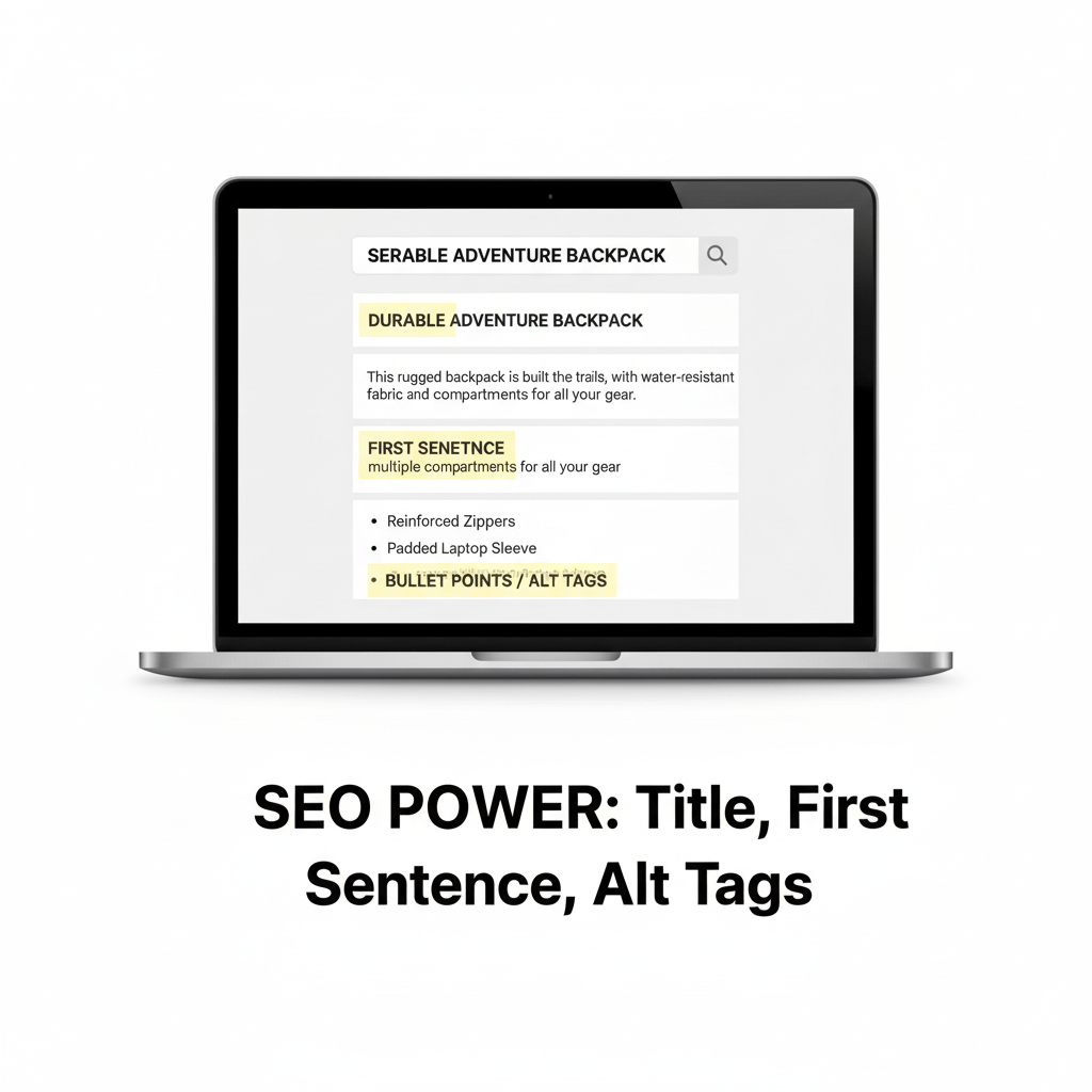 Graphic highlighting strategic keyword placement in the product title, first sentence, and alt tags for technical SEO success in how to write product descriptions.