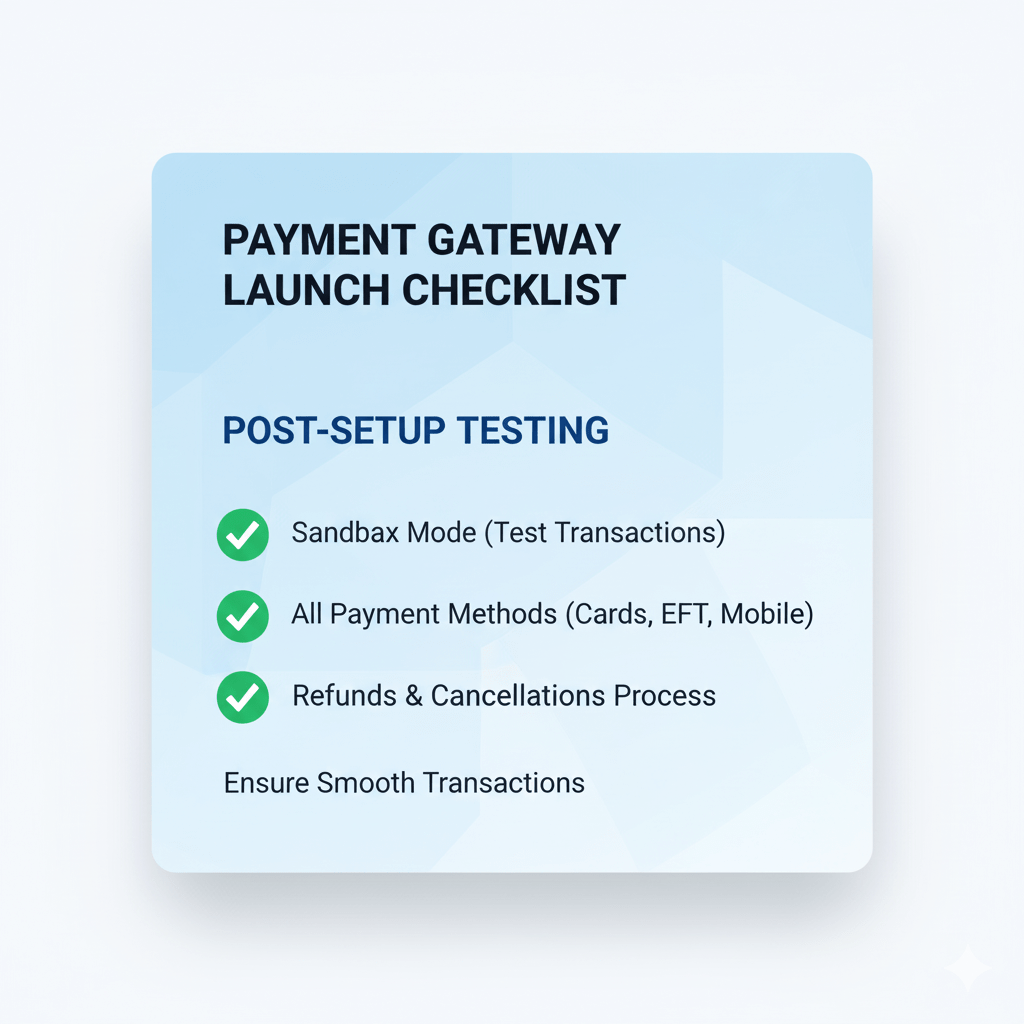 Graphic checklist highlighting "Test Mode," "All Payment Methods," and "Refunds & Cancellations" for ensuring smooth transactions after setting up payment gateways.