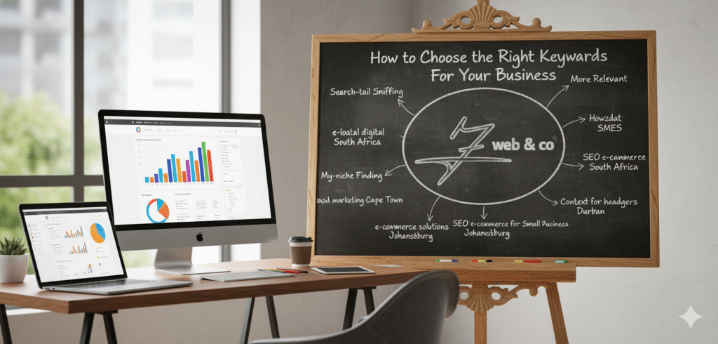 A modern office desk with a laptop and desktop monitor displaying SEO analytics, and a chalkboard illustrating "How to choose the right keywords for your business" with the Z Web&Co logo and various related terms for web design, e-commerce, and local marketing in South Africa.