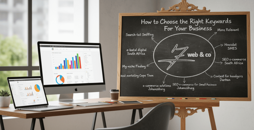 A modern office desk with a laptop and desktop monitor displaying SEO analytics, and a chalkboard illustrating "How to choose the right keywords for your business" with the Z Web&Co logo and various related terms for web design, e-commerce, and local marketing in South Africa. z web and co