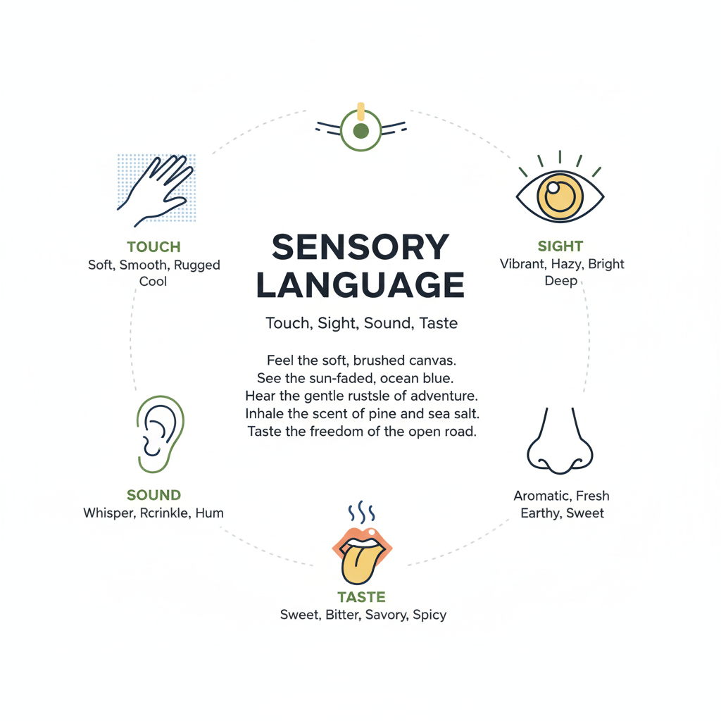 Graphic representing the five senses with descriptive keywords to engage the reader, key to how to write product descriptions effectively.