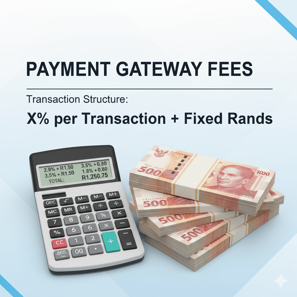 Graphic of a calculator showing Rand figures and percentages, illustrating the fee structure and costs associated with setting up payment gateways.