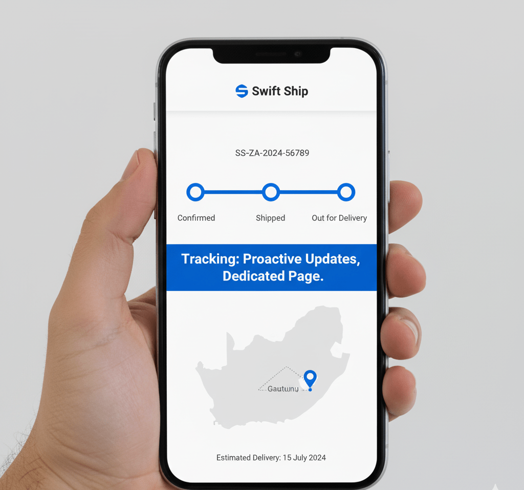 Smartphone screen showing a branded tracking page with a clear delivery progress bar, emphasizing proactive communication in E-commerce Shipping and Logistics.
