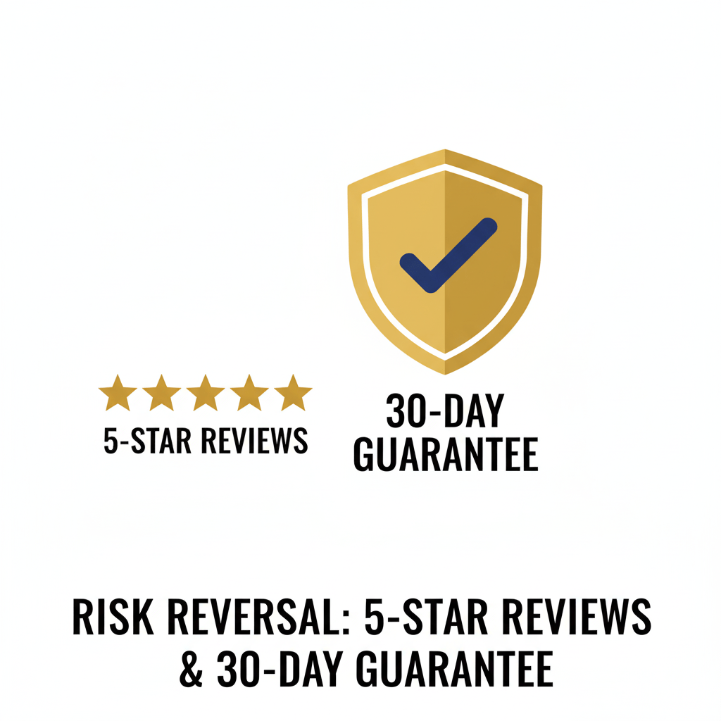 Graphic of five-star rating symbols and a money-back guarantee shield, showing the use of social proof and risk reversal in how to write product descriptions.