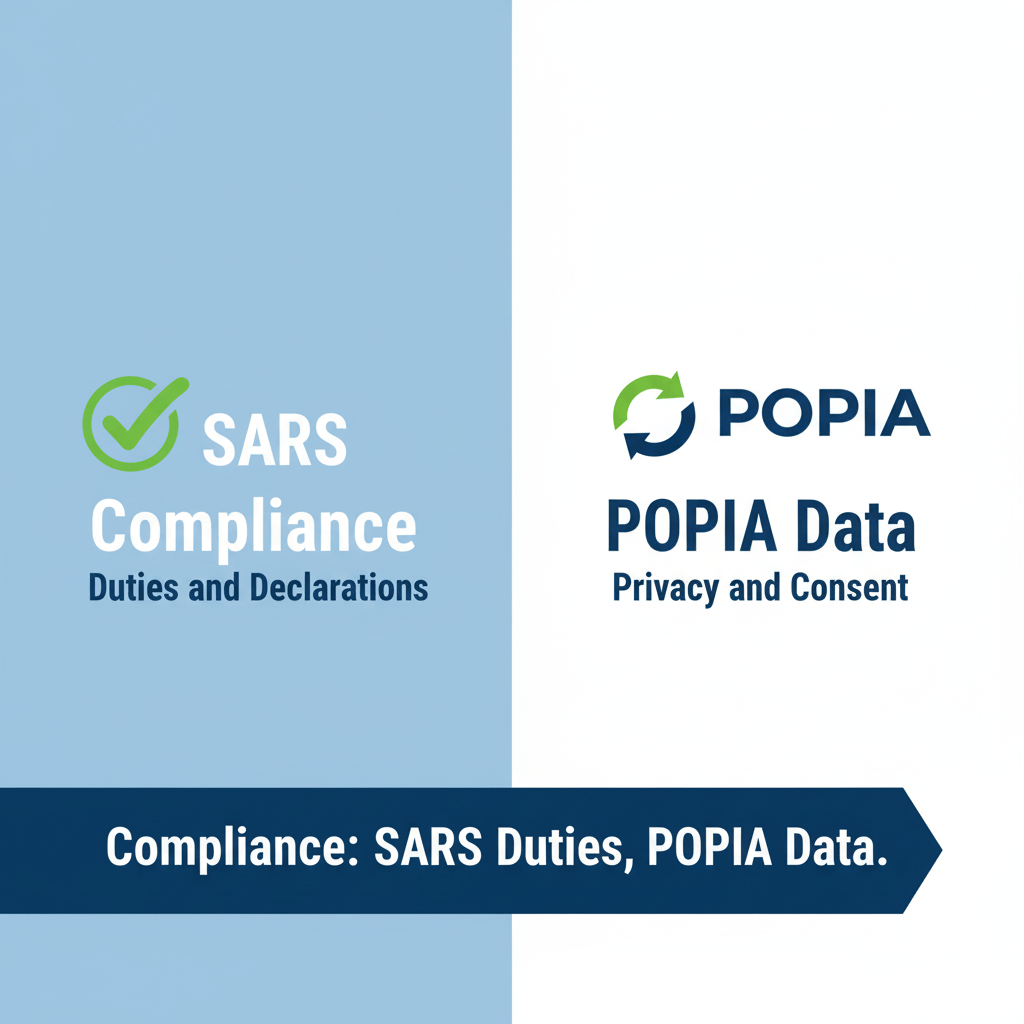 A graphic showing a checkmark next to "SARS Compliance" and the POPIA logo, emphasizing legal requirements. Text contains: "Compliance: SARS Duties, POPIA Data."] Alt Tag: Graphic showing compliance icons for SARS import duties and POPIA data protection, essential legal aspects of E-commerce Shipping and Logistics.