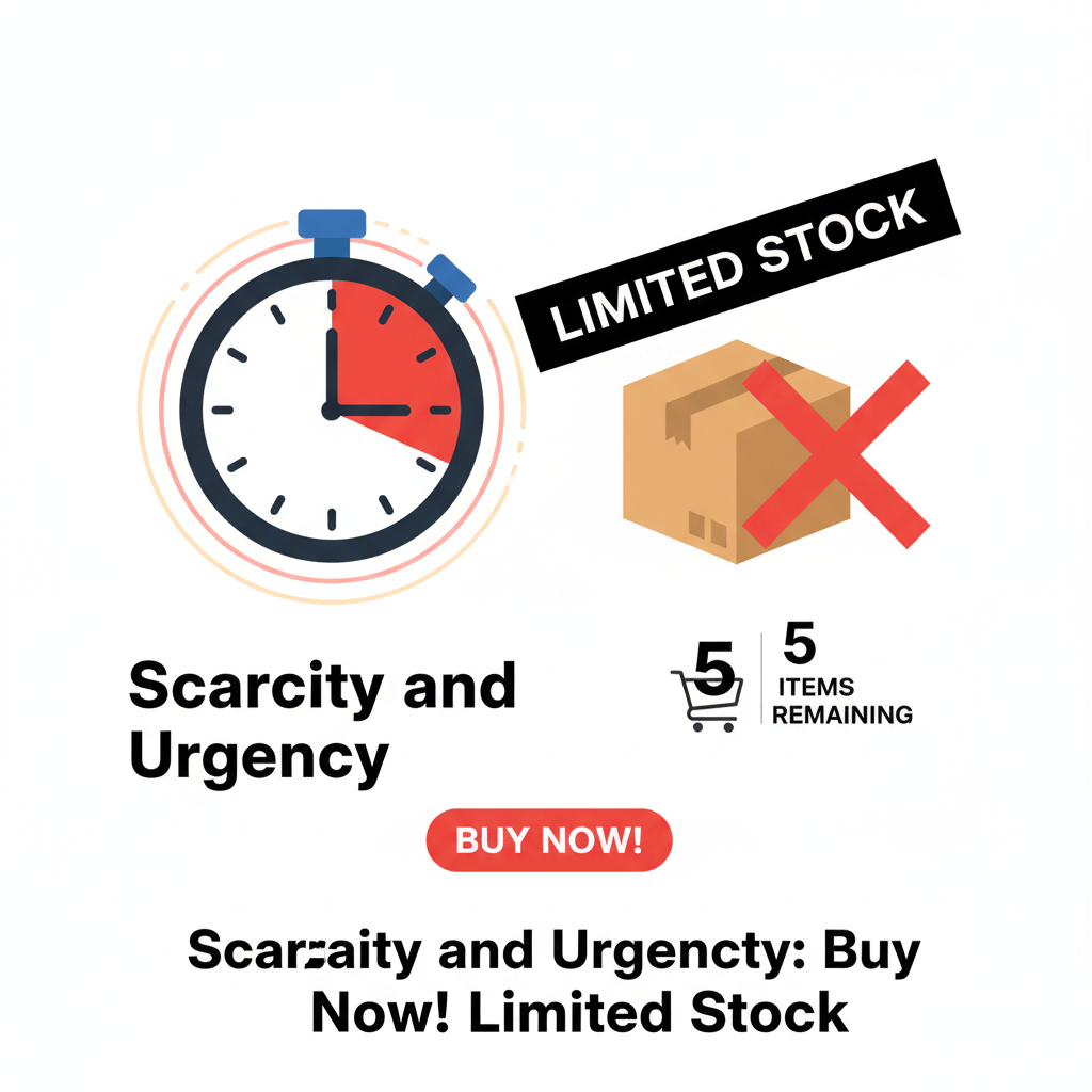 Graphic showing a ticking clock and limited stock indicator, utilizing urgency and scarcity triggers in how to write product descriptions.