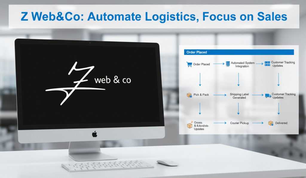 Z Web&Co logo next to a logistics flow chart, representing automated shipping integration services for e-commerce.