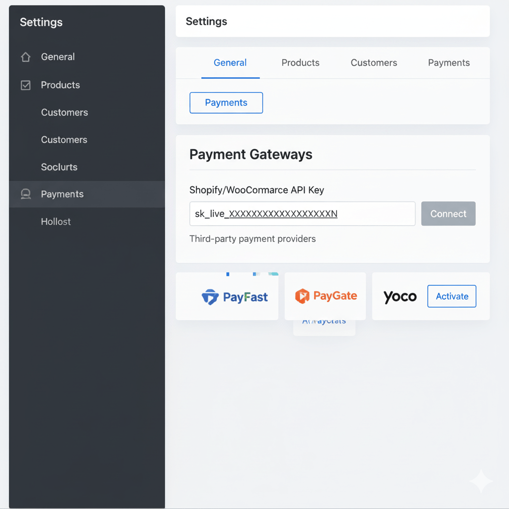 Screenshot graphic of a Shopify/WooCommerce admin panel displaying API key fields for setting up payment gateways.