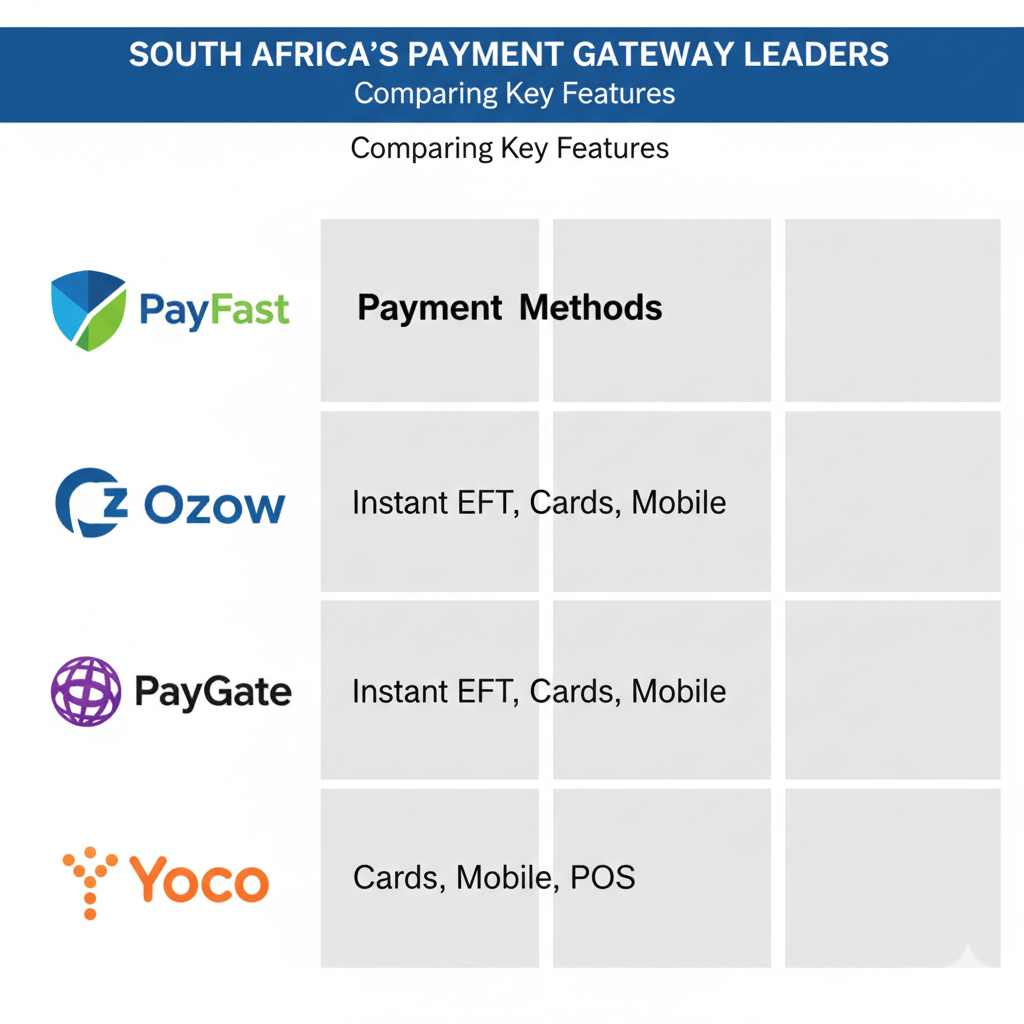 A visual comparison chart showing logos of PayFast, Ozow, PayGate, and Yoco with columns for payment methods, containing the text: "PayFast, Ozow, PayGate: Instant EFT, Cards, Mobile" to list the big players for setting up payment gateways.