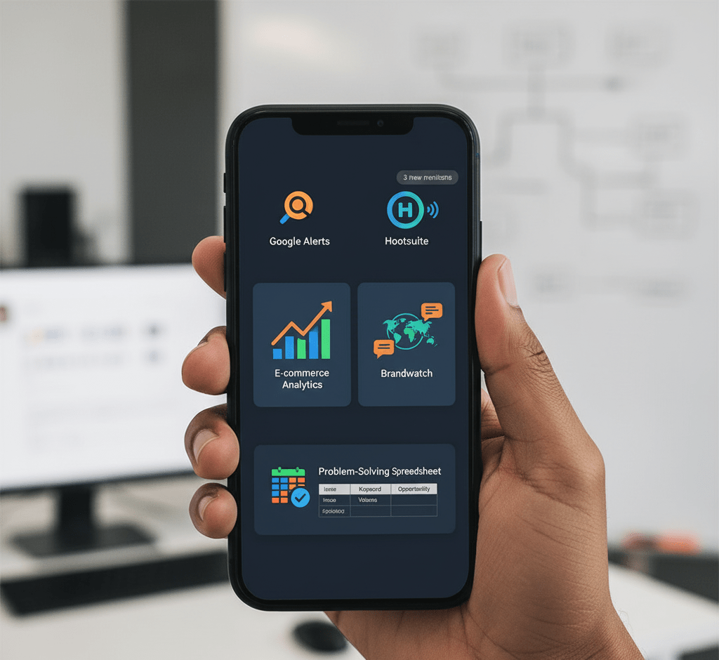 Smartphone displaying app icons for Google Alerts, Hootsuite, Brandwatch, E-commerce Analytics, and a "Problem-Solving Spreadsheet" to illustrate automated product discovery.