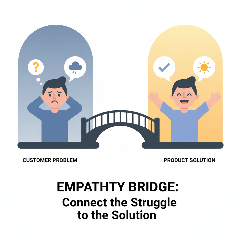 Graphic of an Empathy Bridge connecting the customer's problem (stress) to the product's solution (relief), showing the key to how to write product descriptions.