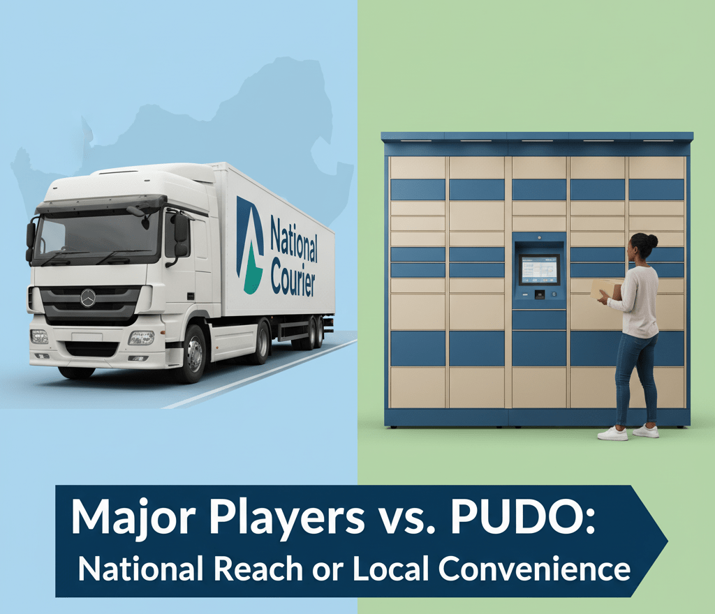 Graphic showing a national courier truck next to a Pudo locker bank, illustrating the choice between national logistics reach and local convenience for E-commerce Shipping and Logistics.