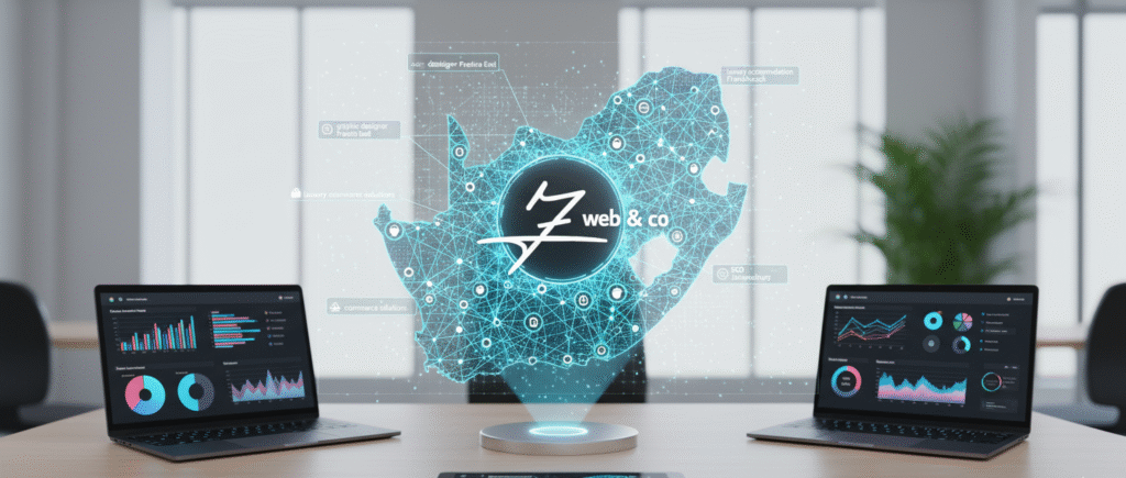 A stylized, glowing 3D map of South Africa, highlighting key cities and local areas, with a central pin representing local SEO and the Z Web&Co company name, focusing on location-based keyword strategy.