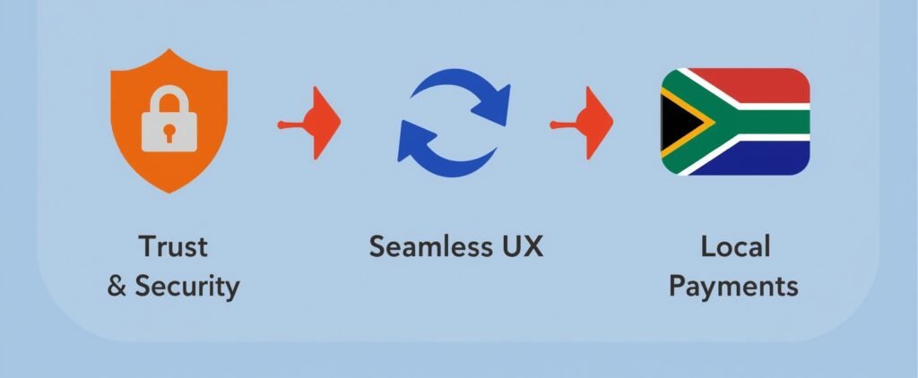 Graphic highlighting "Trust & Security," "Seamless UX," and "Local Payments" with a South African flag, illustrating the crucial role of setting up payment gateways