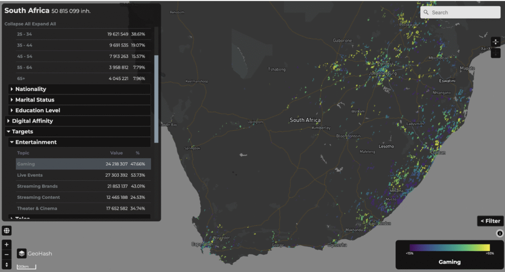 A visual representation of a social media ad campaign targeting a specific geographic area on a map of a South Africa.