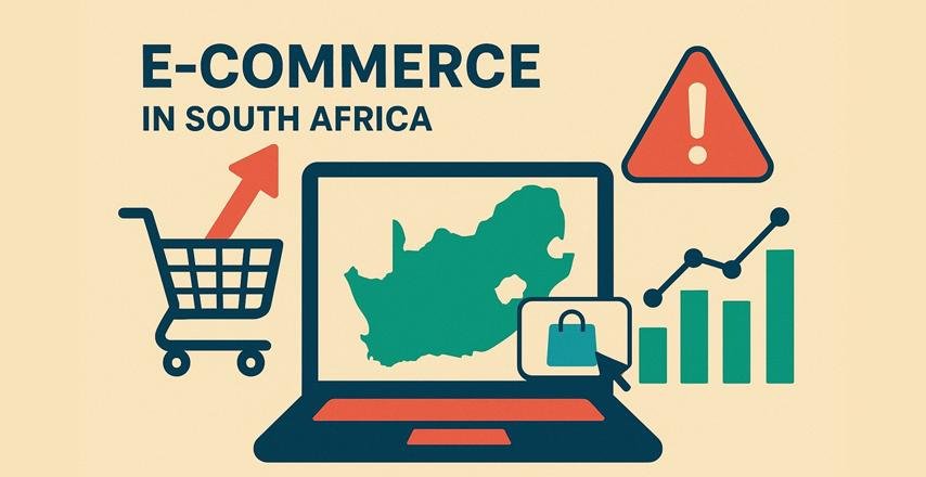 Digital graphic representing South African e-commerce with a map on a screen and shopping cart, Z Web&Co