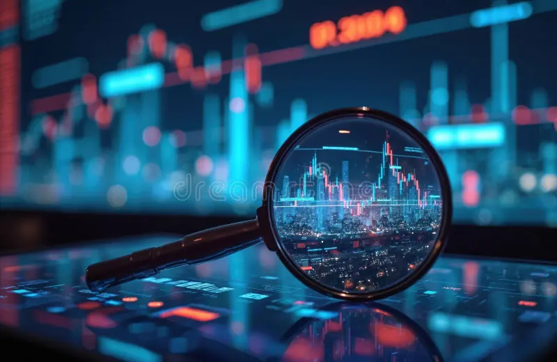 A futuristic digital magnifying glass hovering over a screen displaying a complex data set and financial growth charts, representing close data analysis.