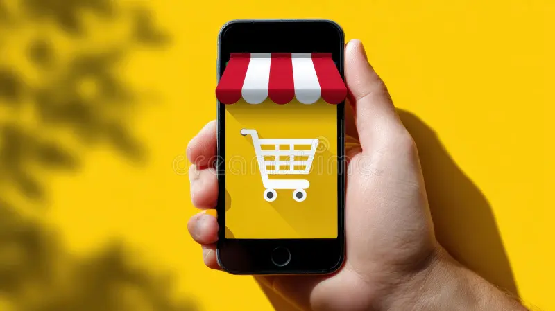 A hand holding a smartphone displaying an online shopping cart