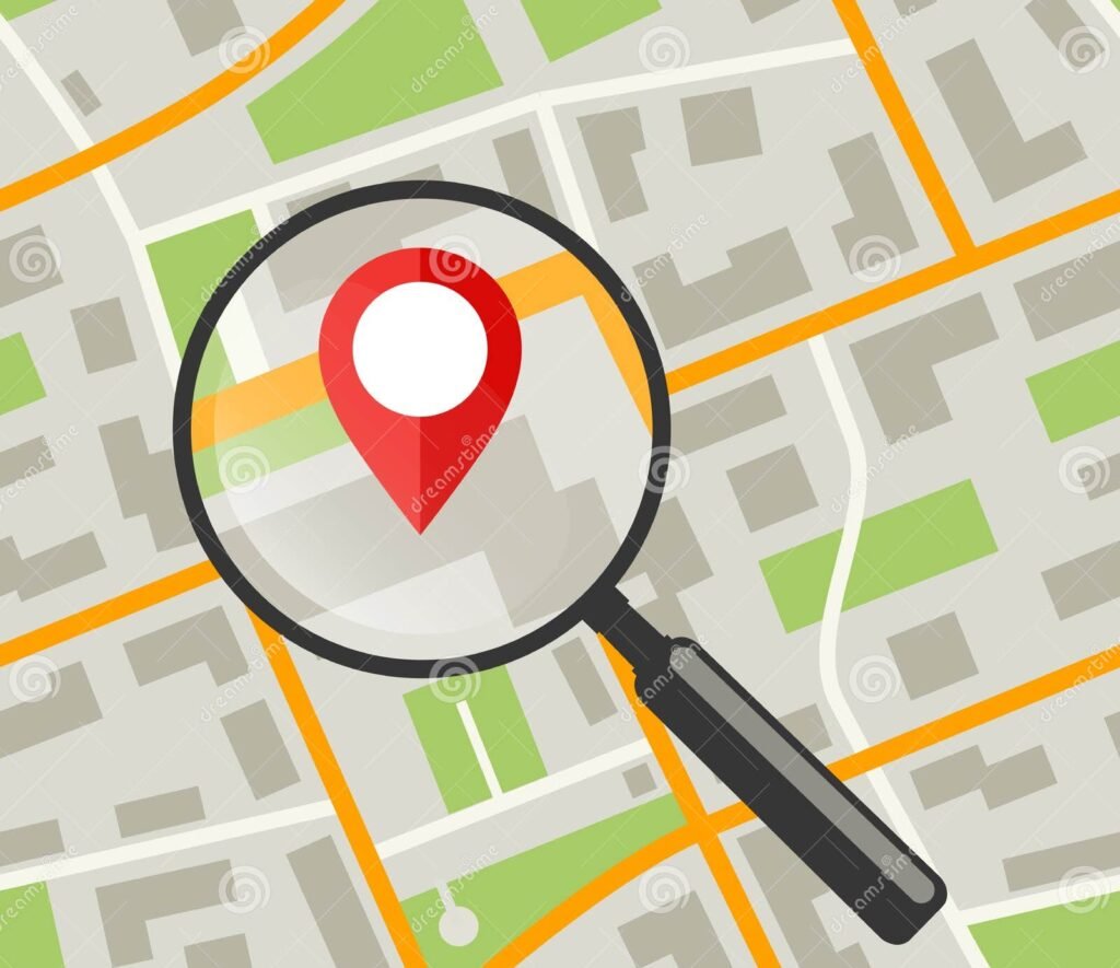 Graphic representing local SEO in South Africa, showing a map pin and a digital magnifying glass focused on geographic targeting.