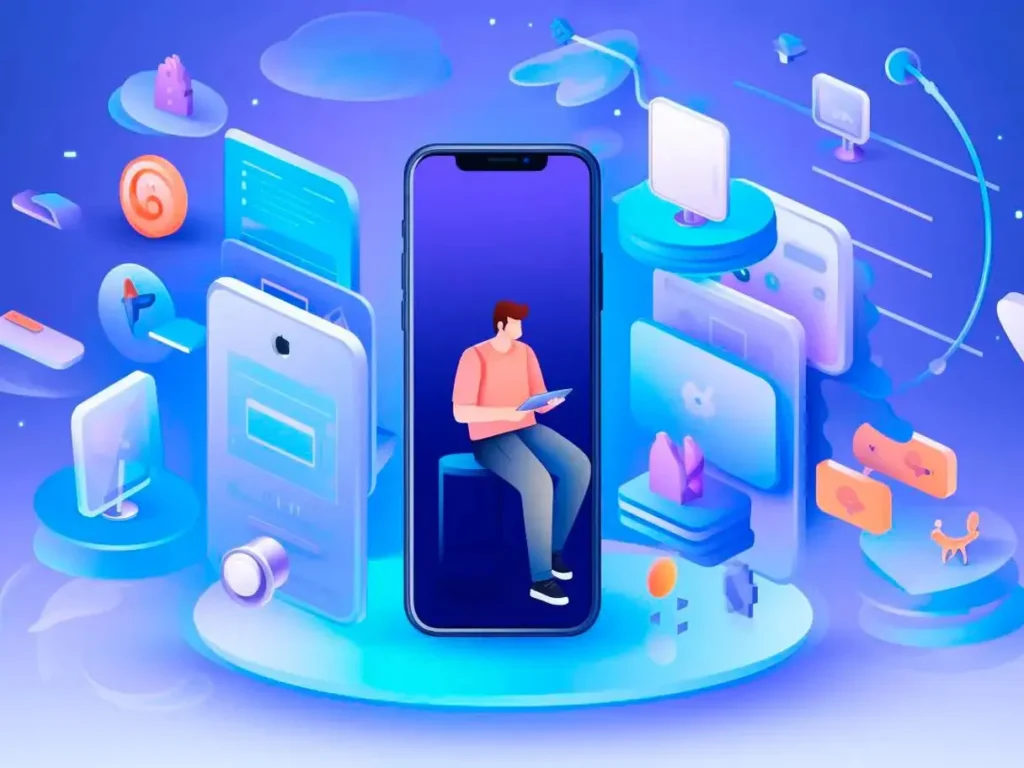 Conceptual grid showing a brand's logo and colour scheme consistently applied across multiple digital screens and device interfaces.