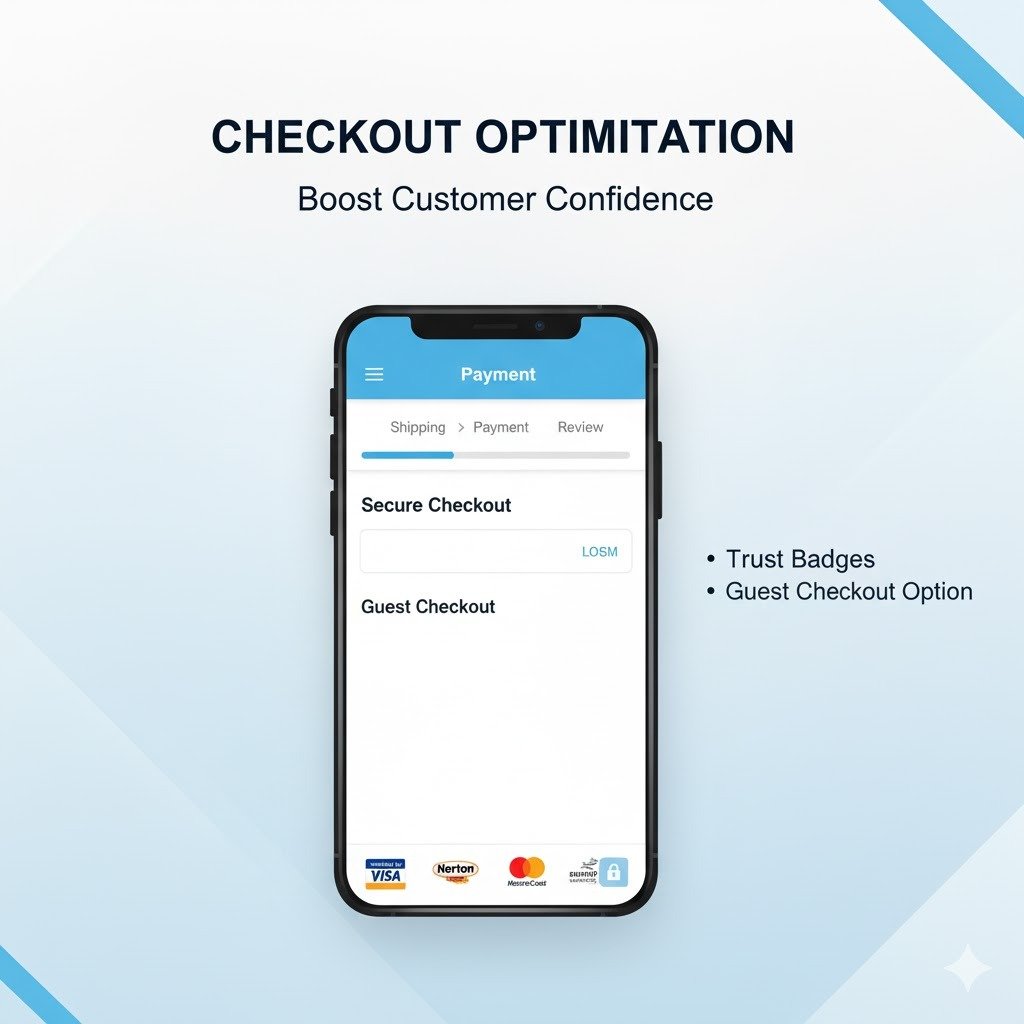 Mobile screen graphic highlighting Trust Badges and a progress bar, emphasizing checkout optimisation after setting up payment gateways.