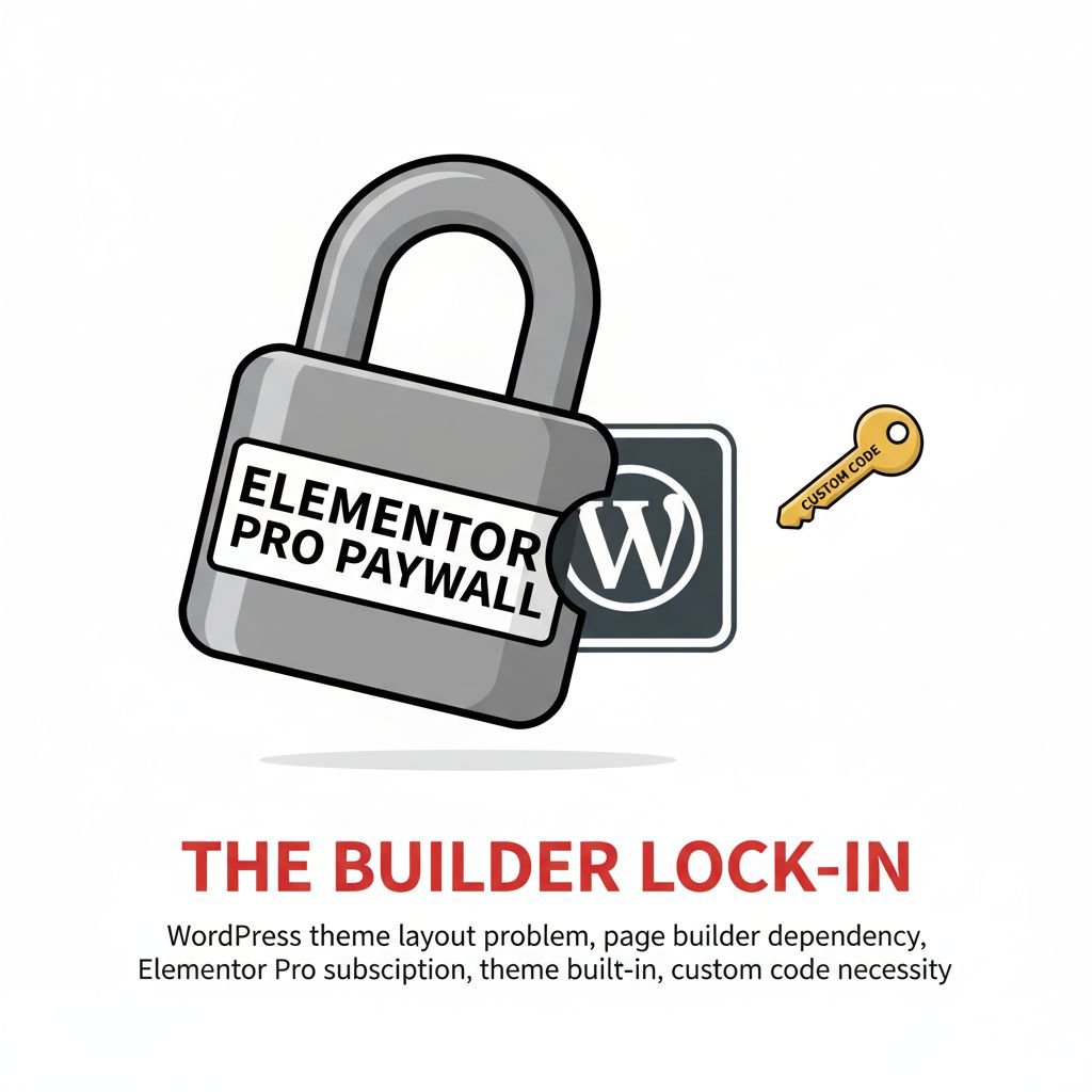 WordPress theme layout problem, page builder dependency, Elementor Pro subscription, theme builder lock-in, custom code necessity