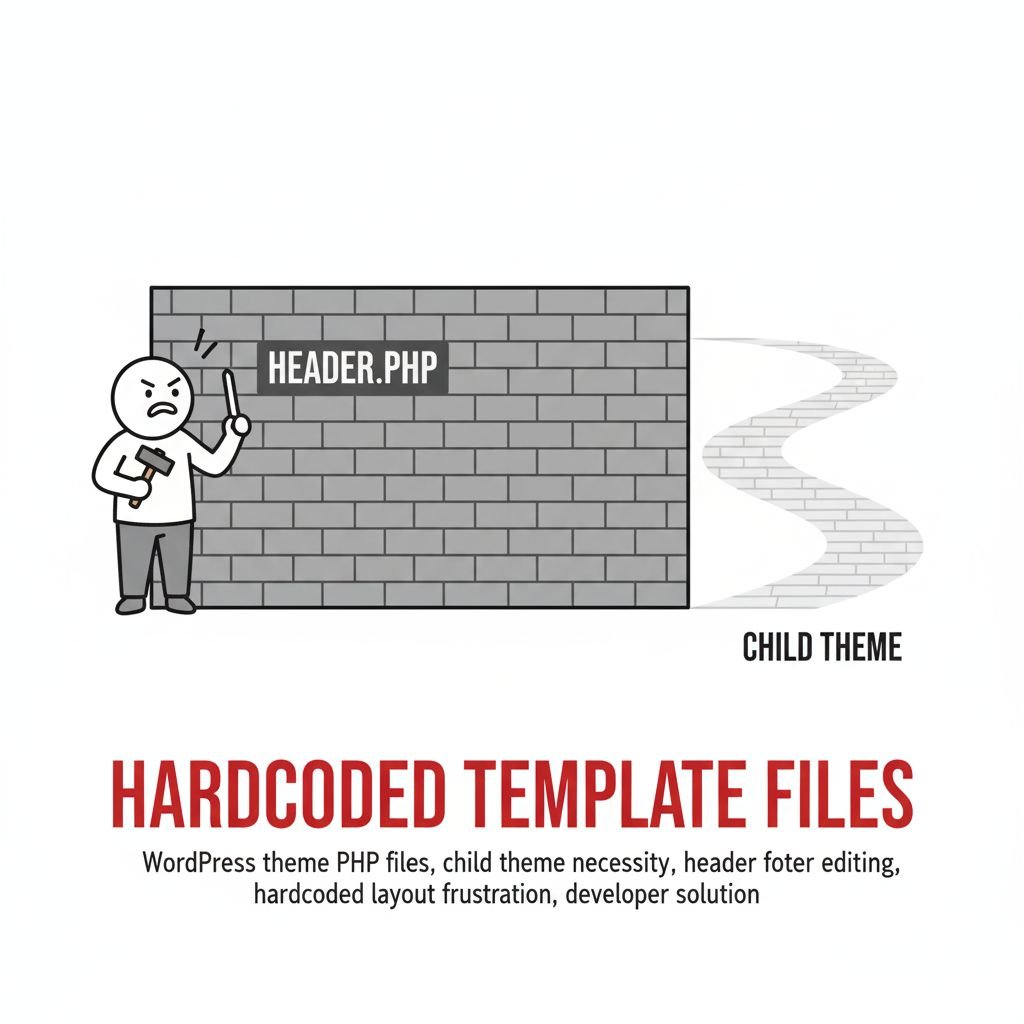 WordPress theme PHP files, child theme necessity, header and footer editing, hardcoded layout frustration, developer solution