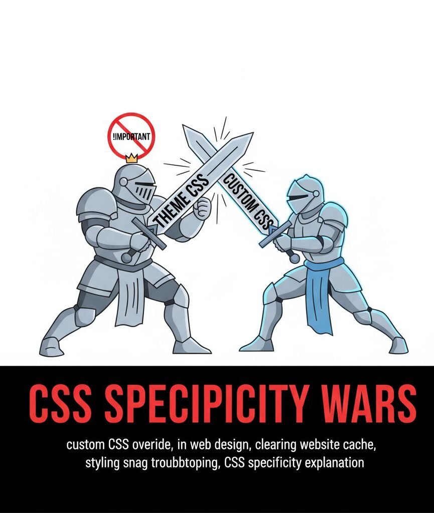 custom CSS override, !important tag in web design, clearing website cache, styling snag troubleshooting, CSS specificity explanation