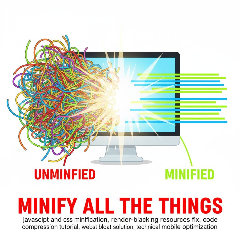 javascript and css minification, render-blocking resources fix, code compression tutorial, website code bloat solution, technical mobile optimization