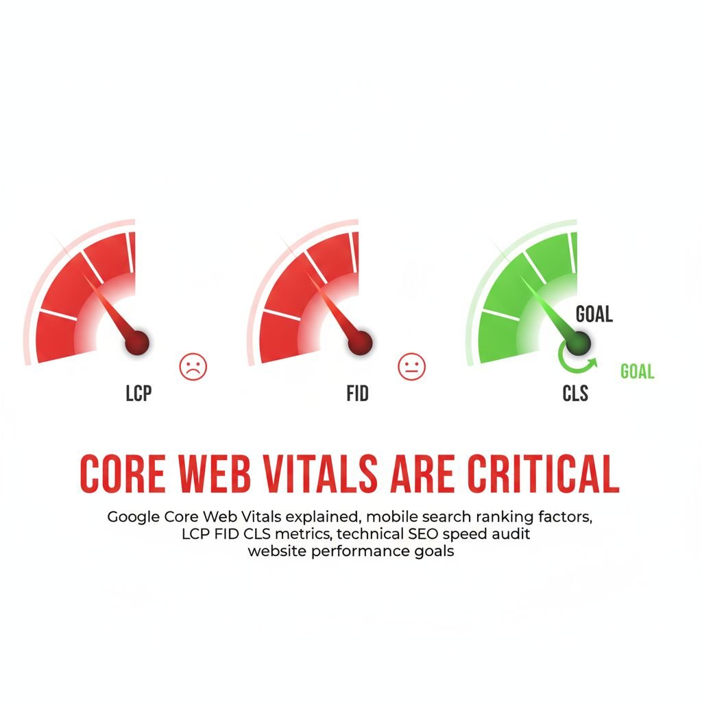Google Core Web Vitals explained, mobile search ranking factors, LCP FID CLS metrics, technical SEO speed audit, website performance goals
