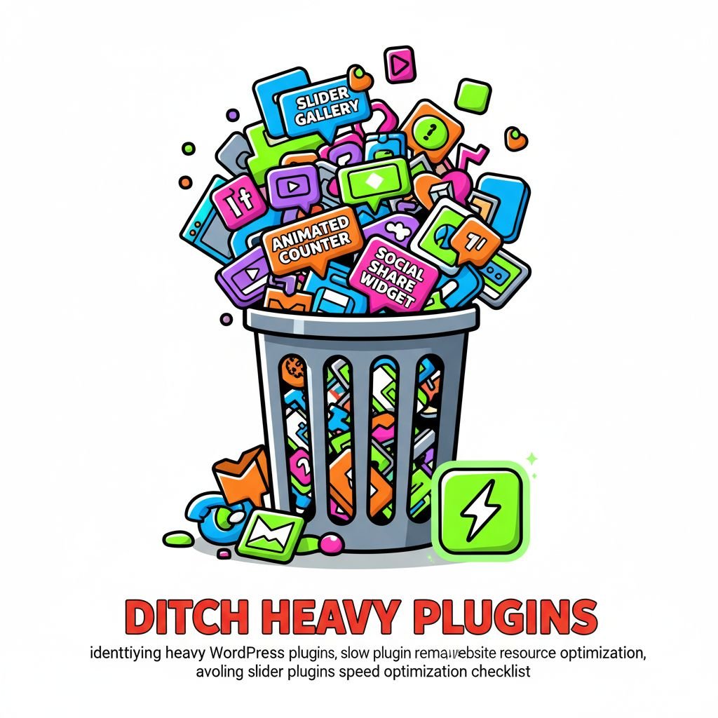 identifying heavy WordPress plugins, slow plugin removal, website resource optimization, avoiding slider plugins, speed optimization checklist