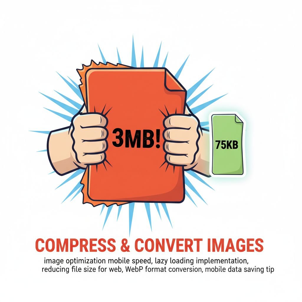 An image of Z Web&Co optimization mobile speed, lazy loading implementation, reducing file size for web, WebP format conversion, mobile data saving tip