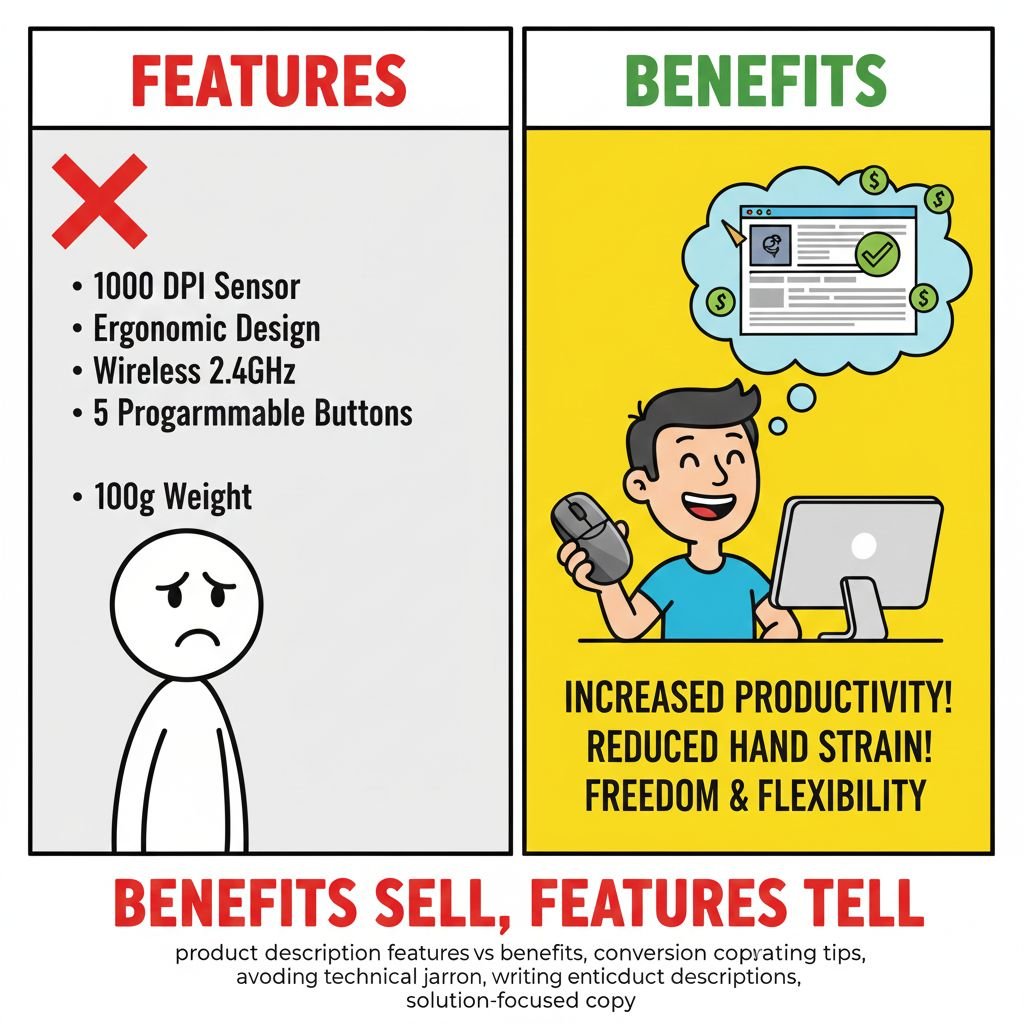 product description features vs benefits, conversion copywriting tips, avoiding technical jargon, writing enticing product descriptions, solution-focused copy