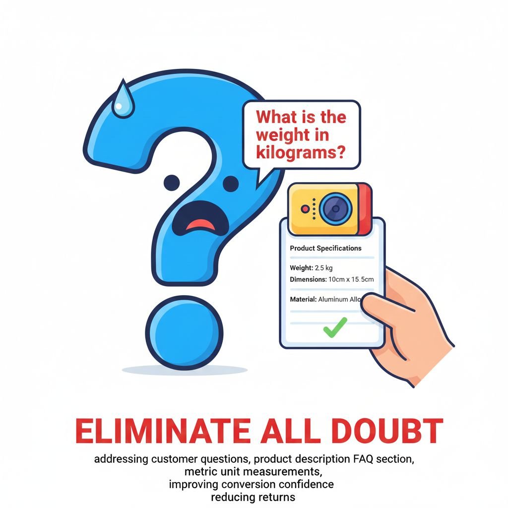 addressing customer questions, product description FAQ section, metric unit measurements, improving conversion confidence, reducing returns
