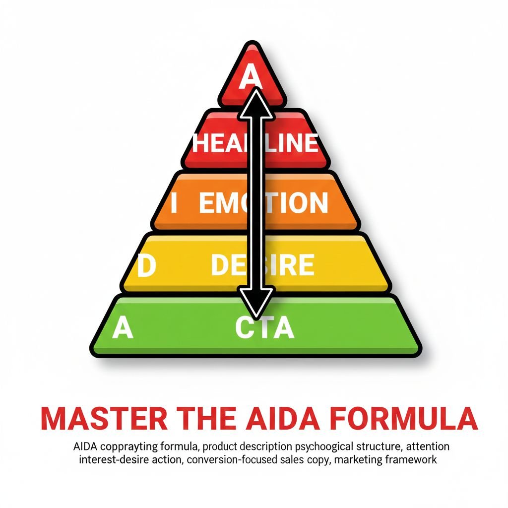 AIDA copywriting formula, product description psychological structure, attention interest desire action, conversion-focused sales copy, marketing framework