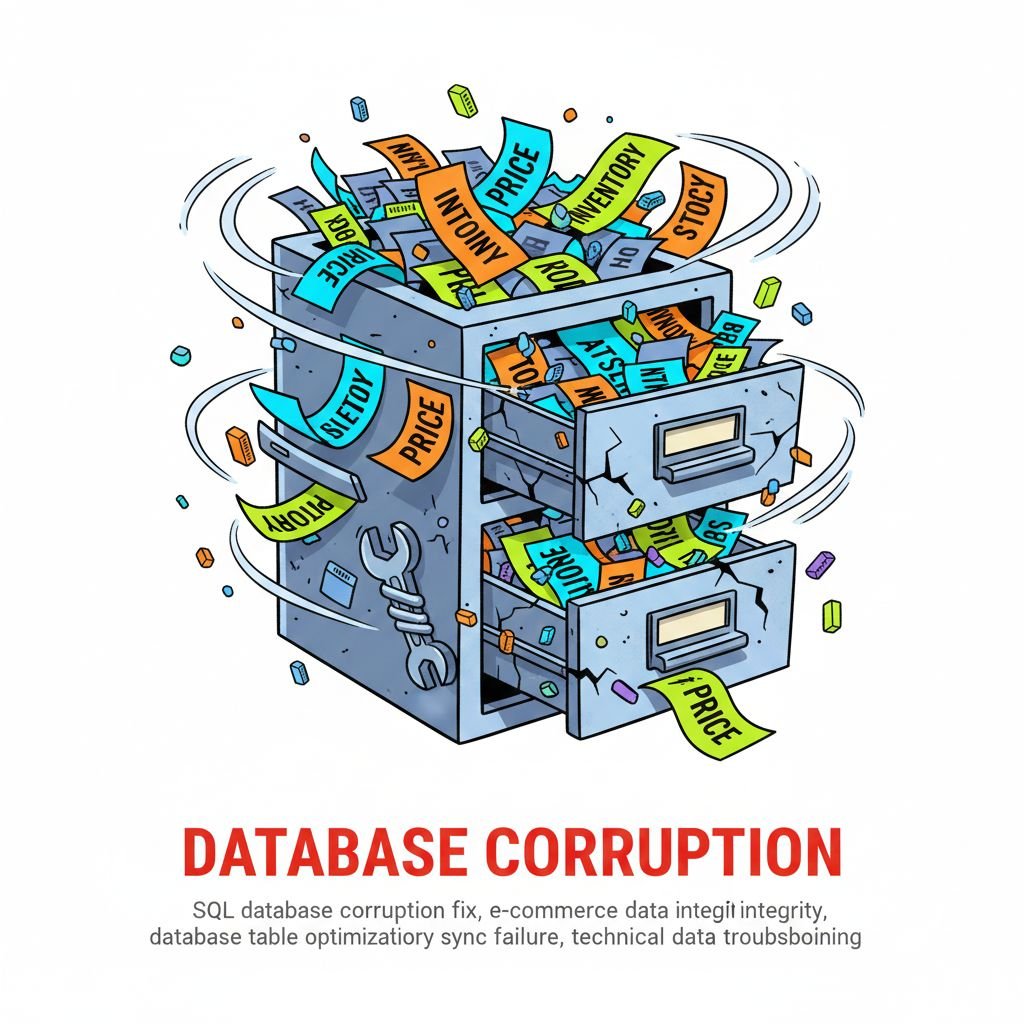 SQL database corruption fix, e-commerce data integrity, database table optimization, inventory sync failure, technical data troubleshooting